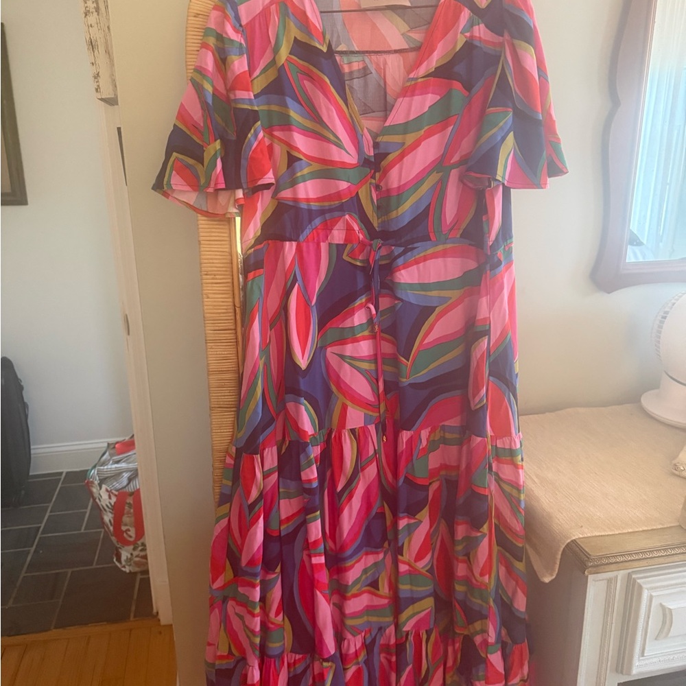 Vibrant Pink & Purple Leaf-Print V-Neck Maxi Dress